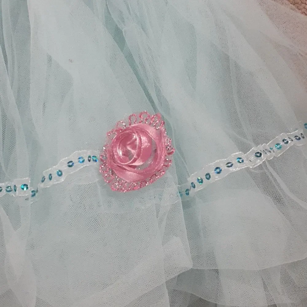 Munchkin costumes:Adorable Revolution turquoise with pink beaded roses / tights.